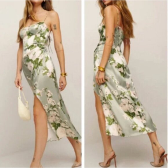 Reformation Marguerite Floral Silk Midi Dress Tarragon Size 2 Cocktail Party NWT - Picture 14 of 14
